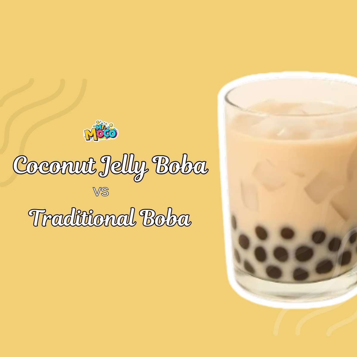 Comparison of coconut jelly boba in milk tea versus traditional black tapioca pearls, highlighting bubble tea topping differences.